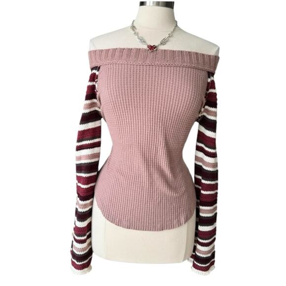 Altar'd State Pink Off Shoulder Sweater Striped Sleeves Waffle Knit SZ Small - Picture 5 of 5